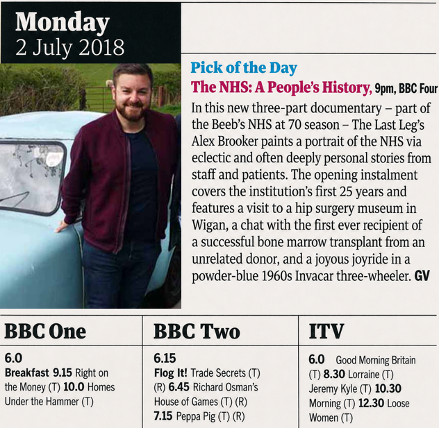 TV listing recommending the series 'The NHS: A People’s History', noting a joyride in a powder-blue 1970s AC Model 70 three-wheeler.